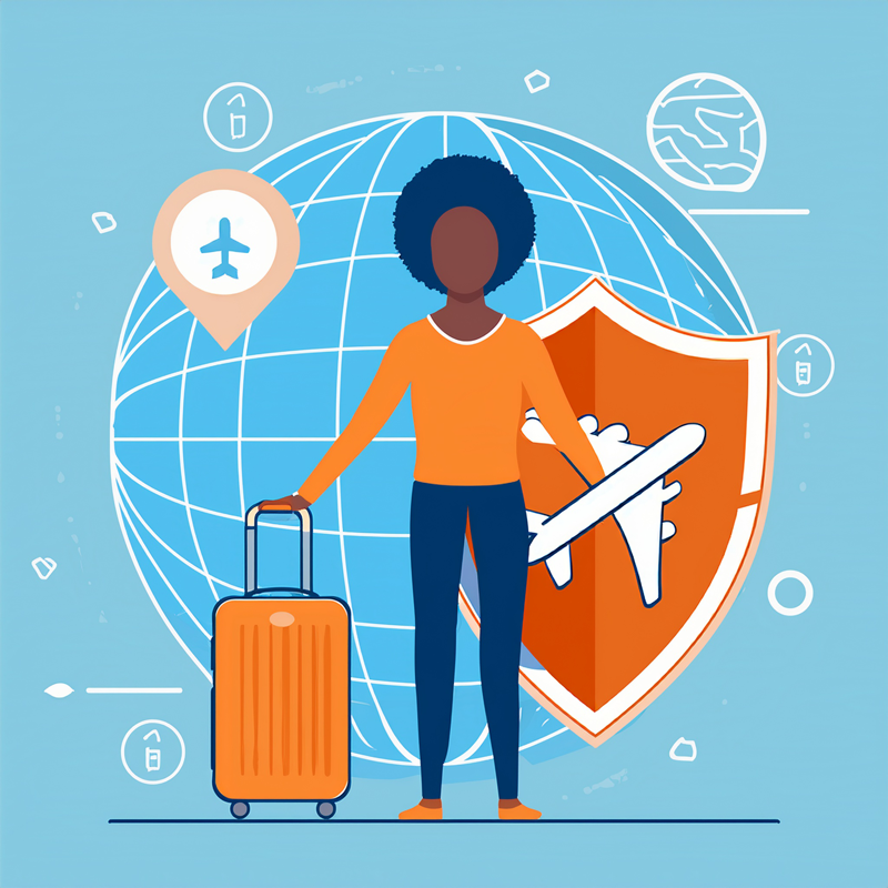 Traveler with suitcase and travel insurance shield